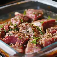 Kawałki wołowiny w szklanym naczyniu, gotowe do pieczenia. Aromatyczna marynata do wołowiny z ziołami i przyprawami kusi zapachem.