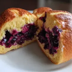 Puszyste jagodzianki z mrożonych jagód, z rumianą skórką i soczystym, fioletowym nadzieniem. Idealne na deser.