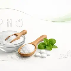 Ksylitol w misce i łyżce, tabletki, mięta i ikony zdrowia.