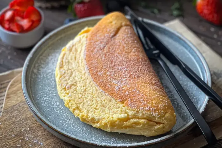 Puszysty omlet z mąką, posypany cukrem pudrem, czeka na talerzu. Obok czarne sztućce i miseczka z truskawkami.