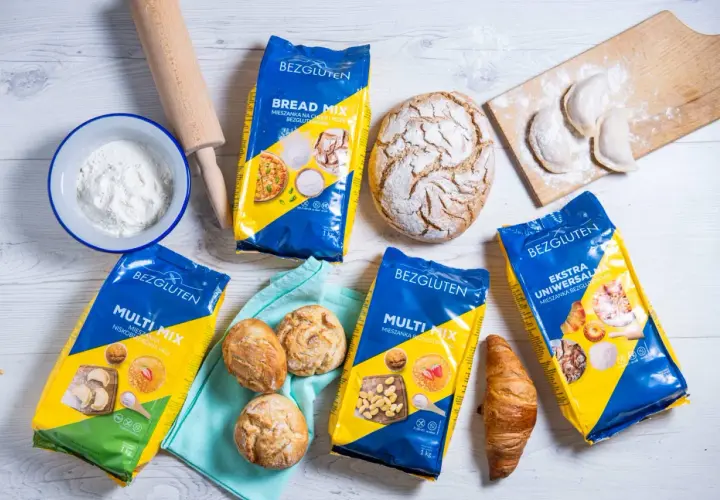 Produkty Bezgluten dla osób z chorobą trzewną: mąki, chleb, bułeczki, croissant, pierogi.