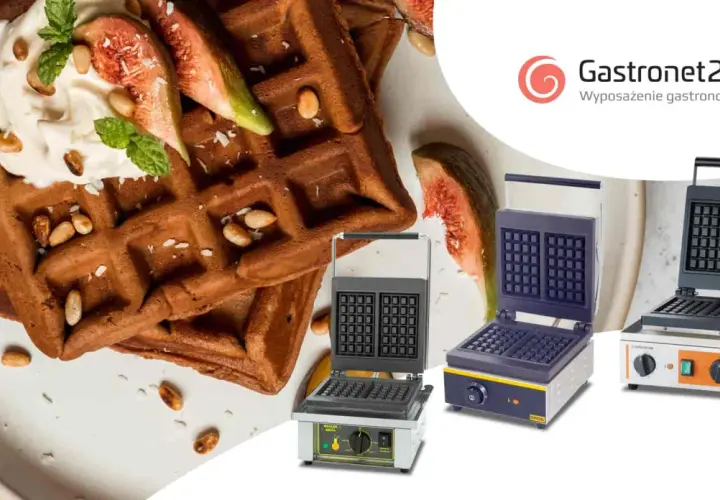 Pyszne gofry z kremem i figami, idealne na najprostszy przepis. Obok trzy gofrownice gastronomiczne.