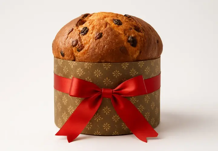 Panettone w ozdobnym pudełku z czerwoną wstążką. Idealny na prezent, a może to Twój panettone przepis?