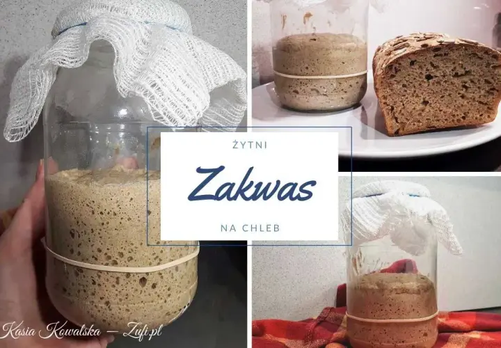 Kolaz z zakwasem żytnim w słoiku i kromką chleba.