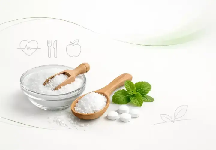 Ksylitol w misce i łyżce, tabletki, mięta i ikony zdrowia.