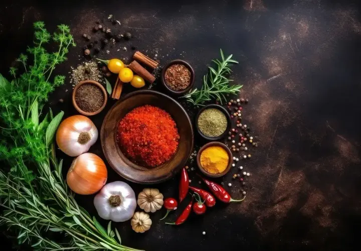 Składniki do pikantnego sosu seczuańskiego: papryczki chili, cebula, czosnek, zioła i przyprawy.