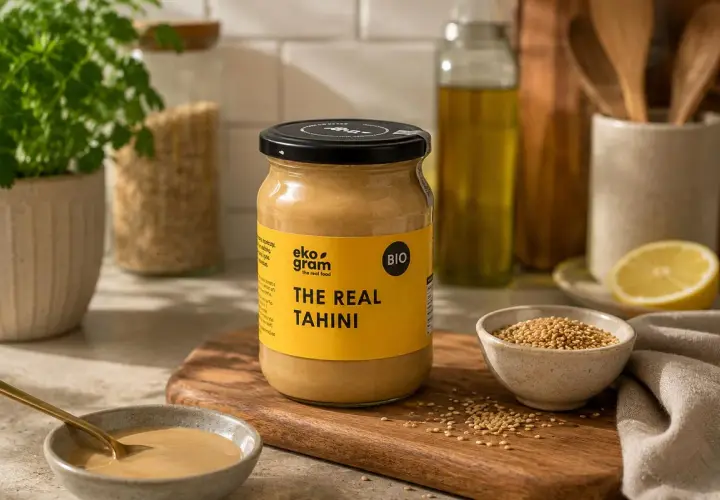 Słoik z napisem "The Real Tahini" obok miseczki z ziarnami sezamu i cytryną. Tahini to pasta z sezamu, idealna do hummusu.