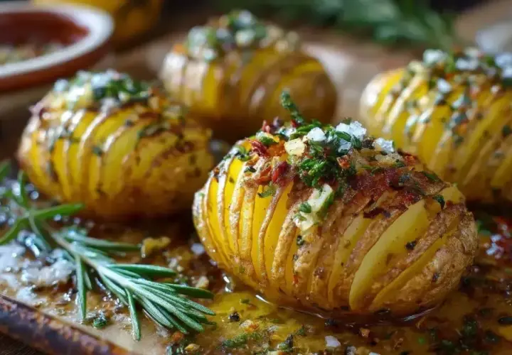 Zapieczone ziemniaki Hasselback, posypane ziołami i solą, to świetny pomysł na obiad.
