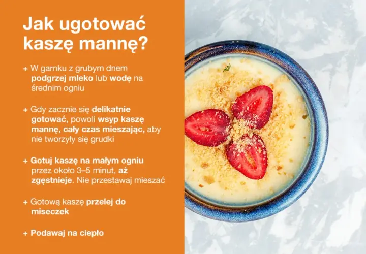 Kaszka manna, przygotowana z mleka lub wody, podana z truskawkami i posypką.