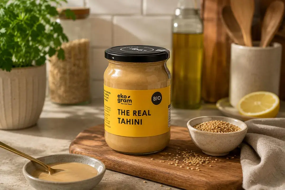 Słoik z napisem "The Real Tahini" obok miseczki z ziarnami sezamu i cytryną. Tahini to pasta z sezamu, idealna do hummusu.