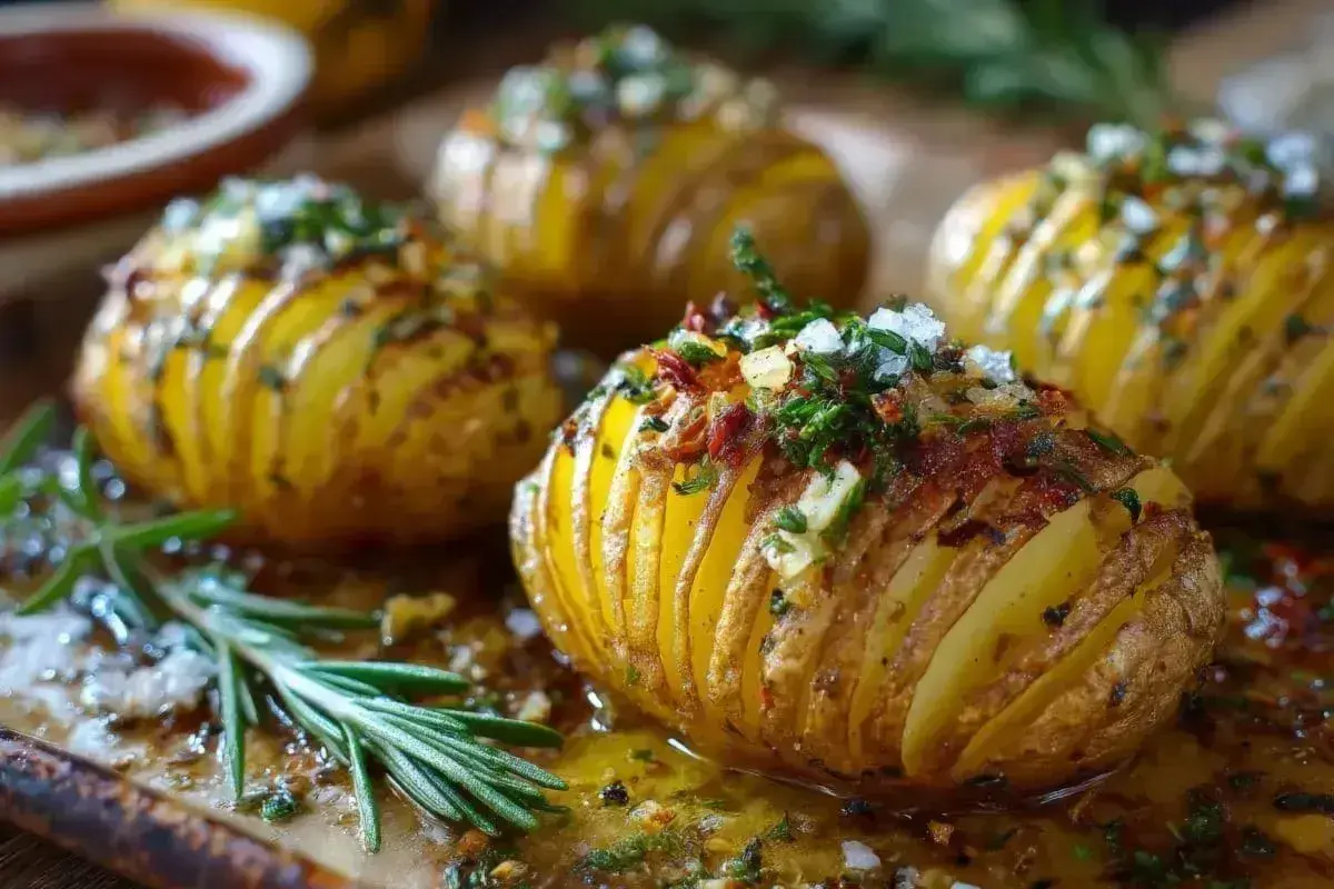 Zapieczone ziemniaki Hasselback, posypane ziołami i solą, to świetny pomysł na obiad.