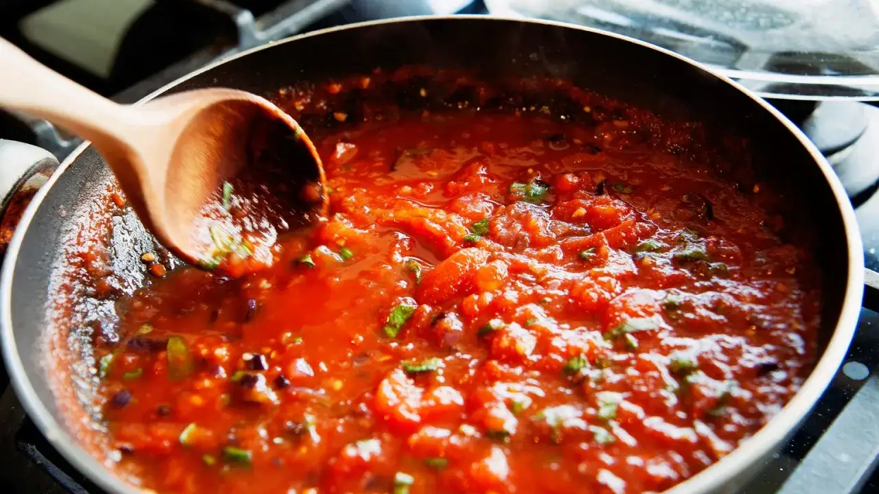 Gęsty, aromatyczny sos pomidorowy z ziołami, gotowy do podania ze spaghetti. Idealny przepis na sos do spaghetti.