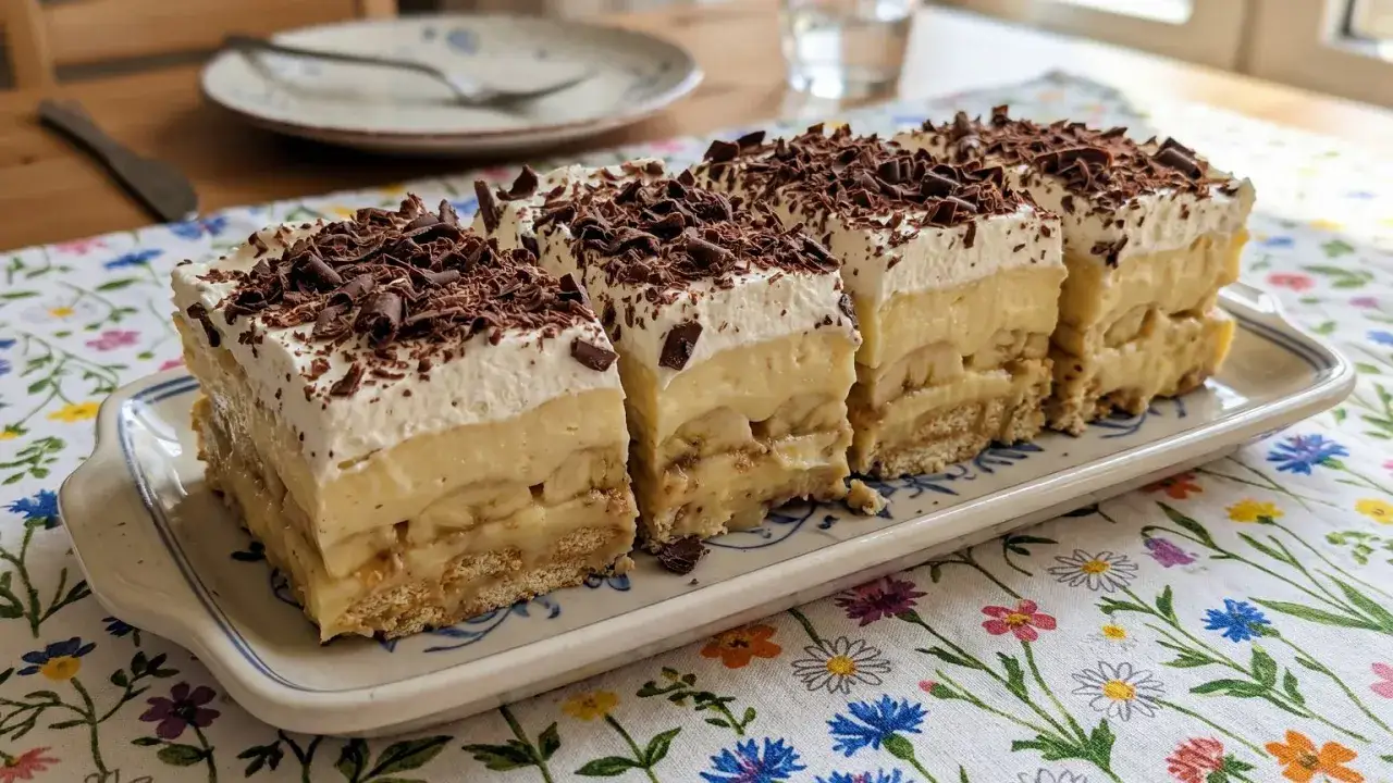 Pyszny deser z bananów, kremu i ciastek, posypany czekoladą. Idealny pomysł, co zrobić z bananów, gdy masz ochotę na coś słodkiego.