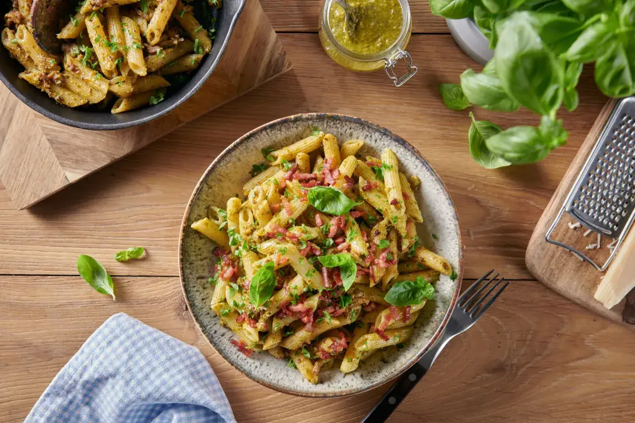Penne z aromatycznym pesto, posypane chrupiącym boczkiem i świeżą bazylią. Obok słoiczek pesto i kawałek parmezanu.