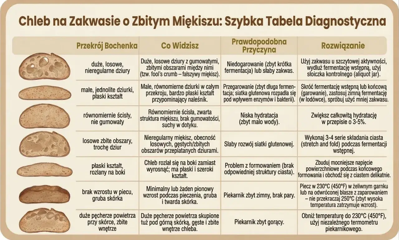 Tabela diagnostyczna chleba na zakwasie: rozpoznaj problemy z miękiszem, np. gdy gluten nie działa. Sprawdź, gluten co to za problem i jak go rozwiązać.