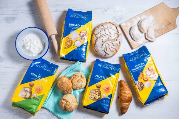 Produkty Bezgluten dla osób z chorobą trzewną: mąki, chleb, bułeczki, croissant, pierogi.